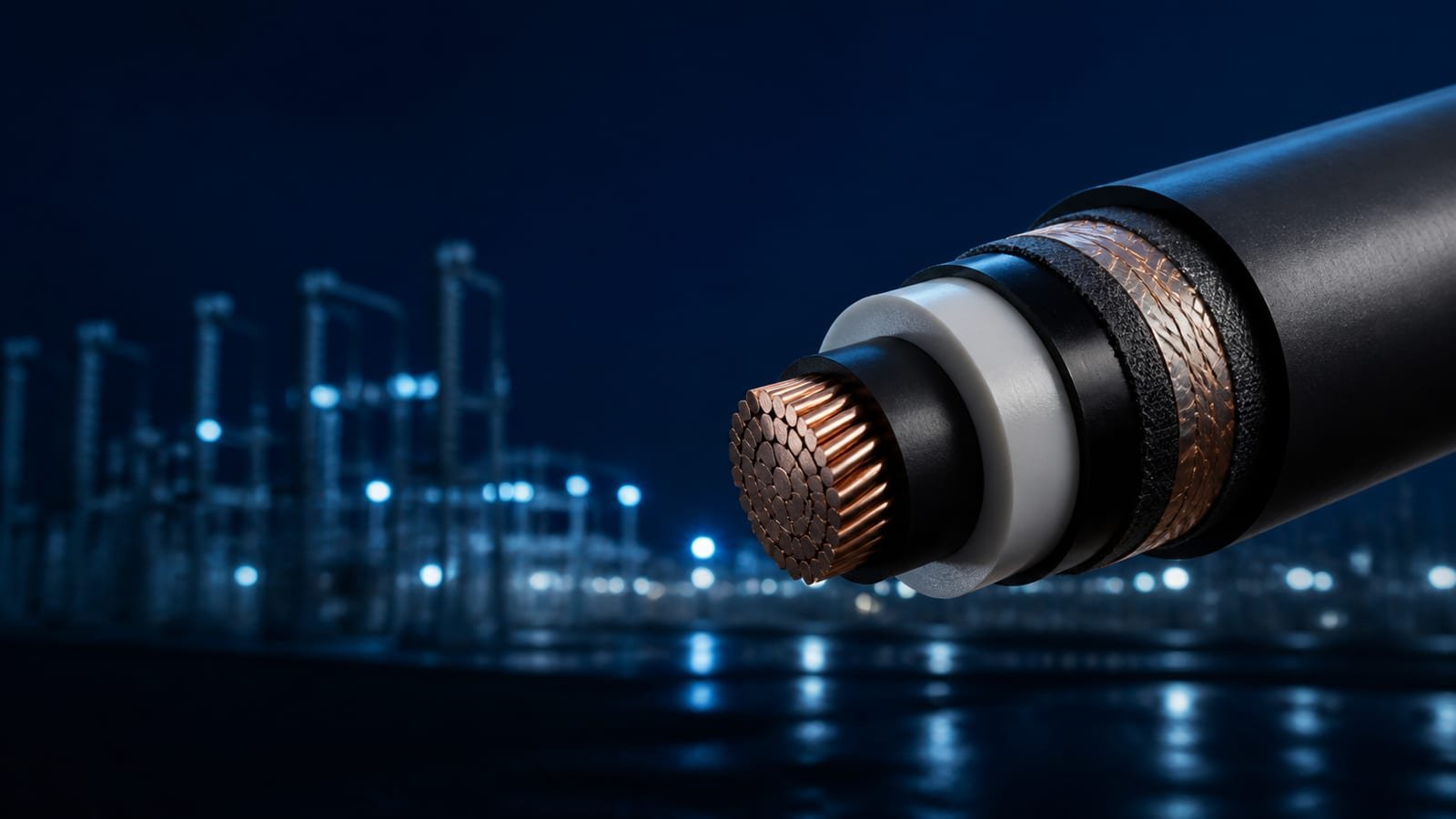 Illustrative view of a medium-voltage power cable in an electrical substation setting